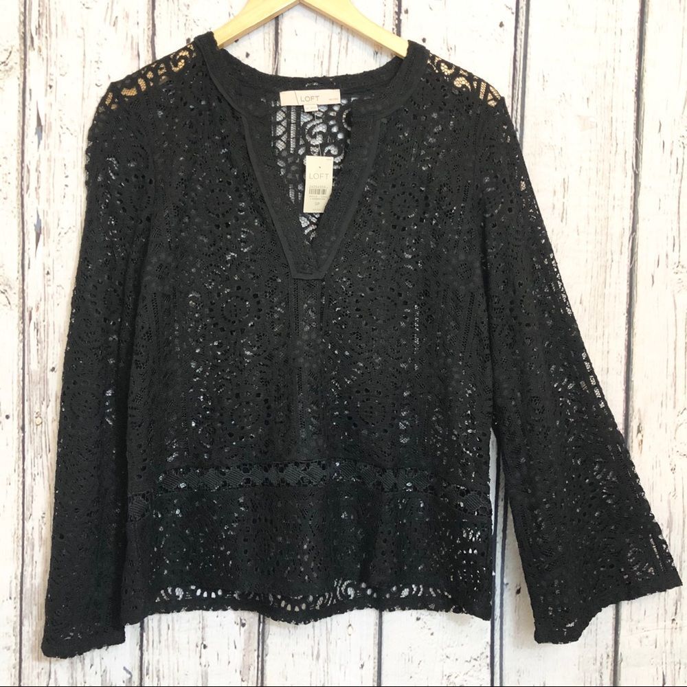 LOFT Black Floral Lace V-Neck Top petite Bell Sleeve Boho Romantic Blouse NWT